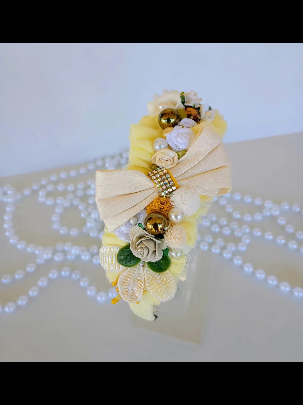 Handmade Yellow Floral Pearl Embellished Padded Headband🎀✨